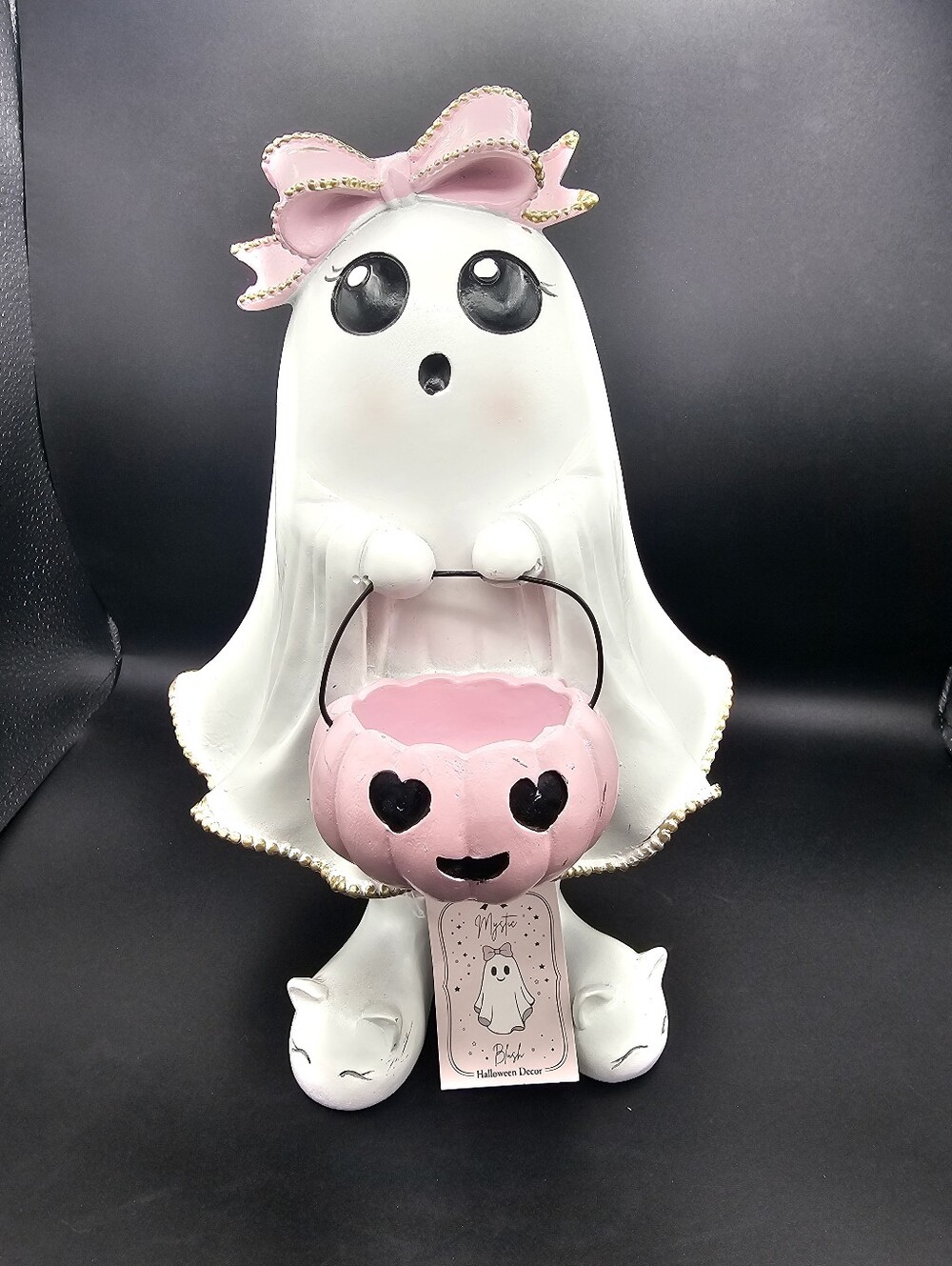 Pink Halloween Ghost Girl Bow Big Eyes Adorable Trick Or Treat Bucket Floor Deco